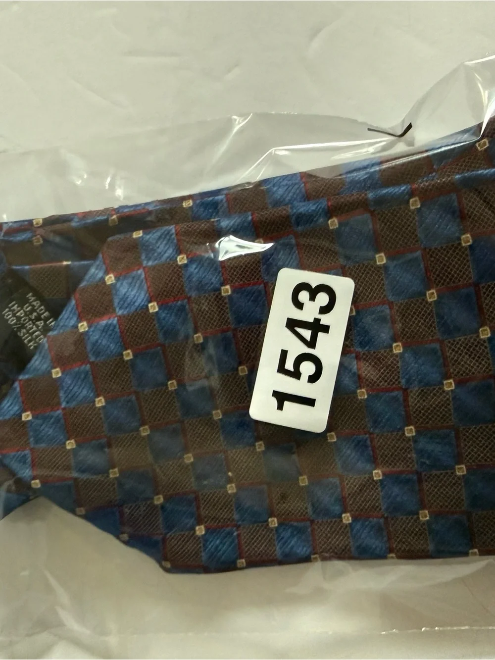 Silk Geometric Check Tie in Blue and Burgundy - Made in USA